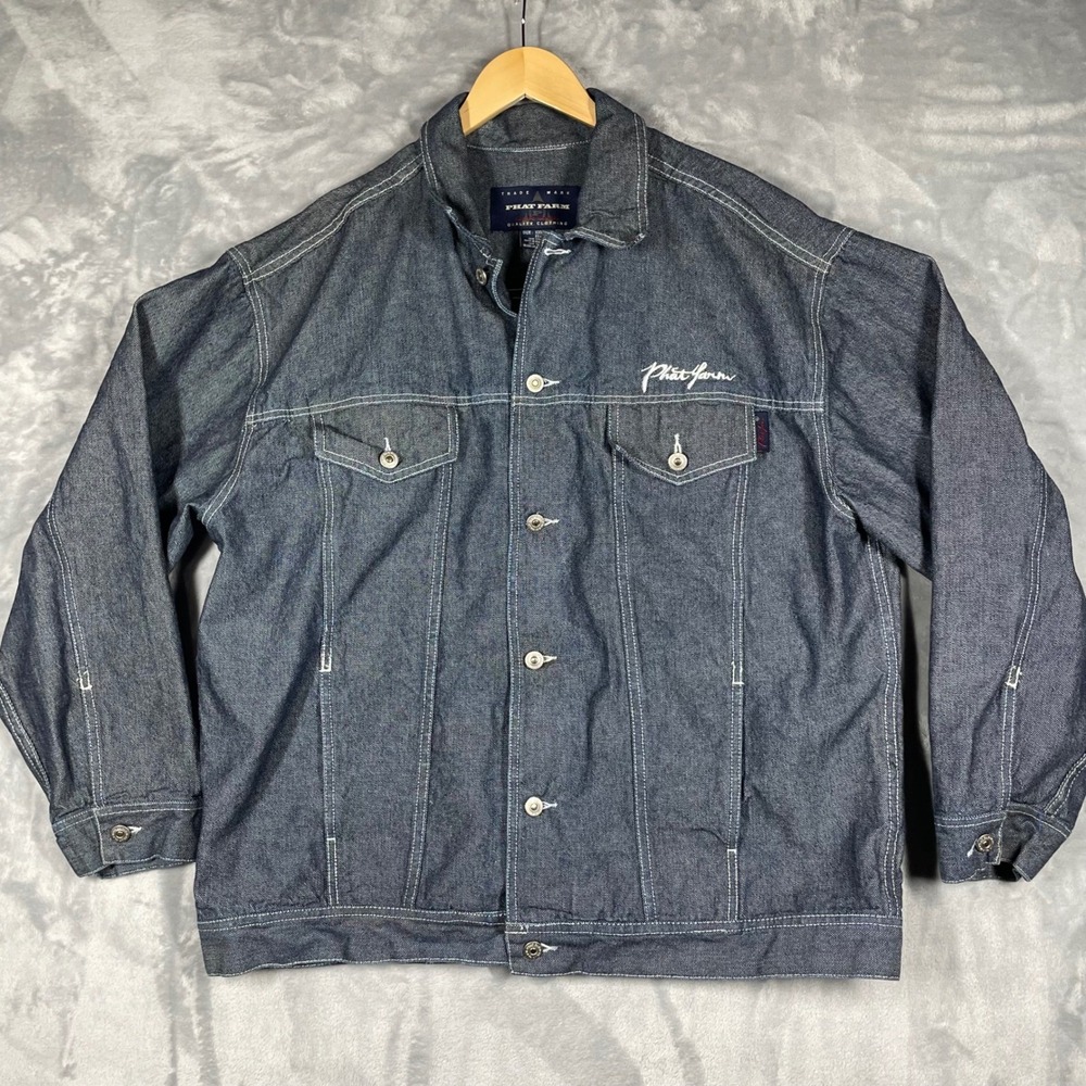 Vintage Phat Farm Denim Jacket Mens XXL Indigo Blue Contrast Stitch Trucker Y2K
